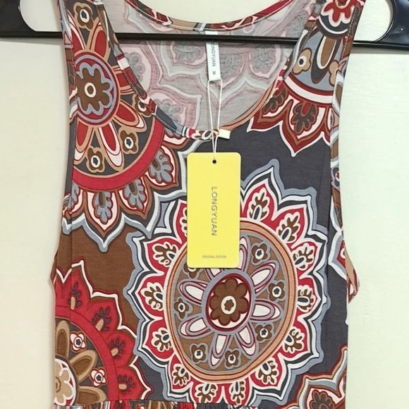 Geometric Print Dress Size MED Sleeveless Tank Midi  Stretchy Shift Longyuan NWT - Picture 4 of 13